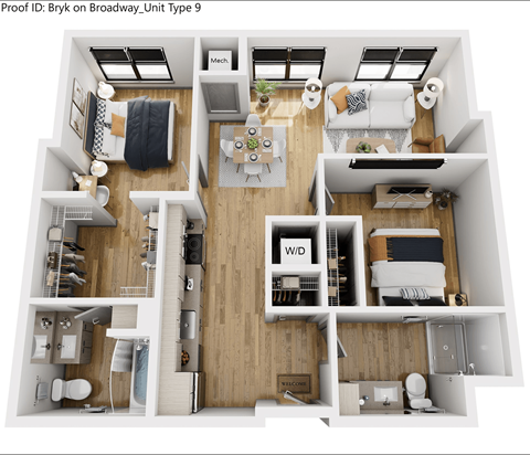 Floor plan for 2 beds, 2 baths, 956 sqft